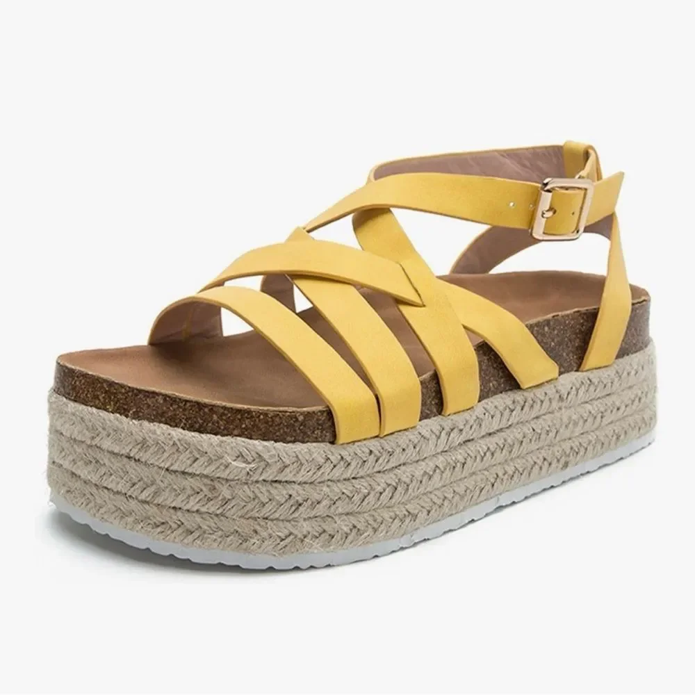 Yellow Strappy Espadrille Wedge Sandals